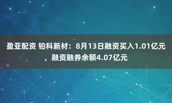 盈亚配资 铂科新材：8月13日融资买入1.01亿元，融资融券余额4.07亿元